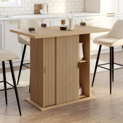 Ilot central 4 personnes 110 cm pied central avec rangement effet lattes tasseau de bois