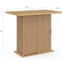 Ilot central 4 personnes 110 cm pied central avec rangement effet lattes tasseau de bois