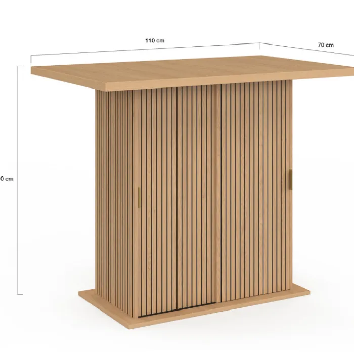Ilot central 4 personnes 110 cm pied central avec rangement effet lattes tasseau de bois