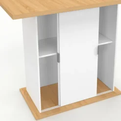 Ilot central 4 personnes 110 cm pied central avec rangement bois blanc avec plan de travail façon hêtre