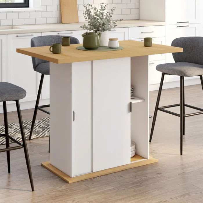 Ilot central 4 personnes 110 cm pied central avec rangement bois blanc avec plan de travail façon hêtre