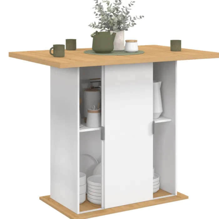 Ilot central 4 personnes 110 cm pied central avec rangement bois blanc avec plan de travail façon hêtre