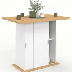 Ilot central 4 personnes 110 cm pied central avec rangement bois blanc avec plan de travail façon hêtre
