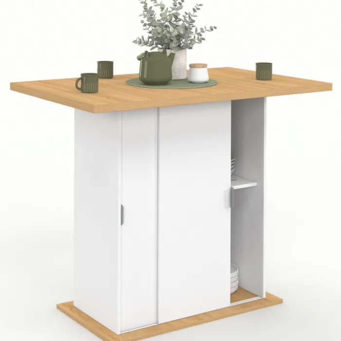 Ilot central 4 personnes 110 cm pied central avec rangement bois blanc avec plan de travail façon hêtre