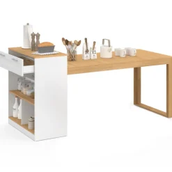 Ilot central avec table à manger 5 personnes GARY 190 cm blanc et plateau bois