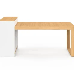 Ilot central avec table à manger 5 personnes GARY 190 cm blanc et plateau bois