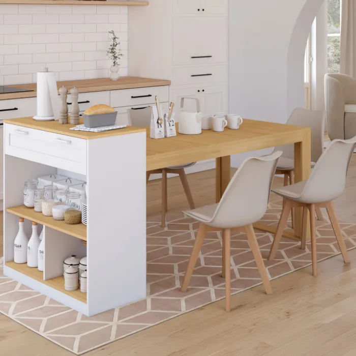 Ilot central avec table à manger 5 personnes GARY 190 cm blanc et plateau bois