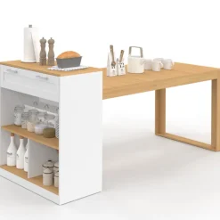 Ilot central avec table à manger 5 personnes GARY 190 cm blanc et plateau bois