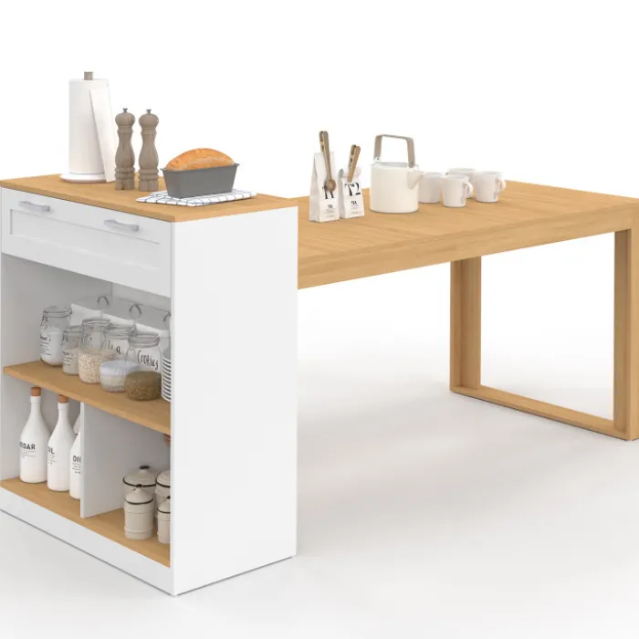 Ilot central avec table à manger 5 personnes GARY 190 cm blanc et plateau bois
