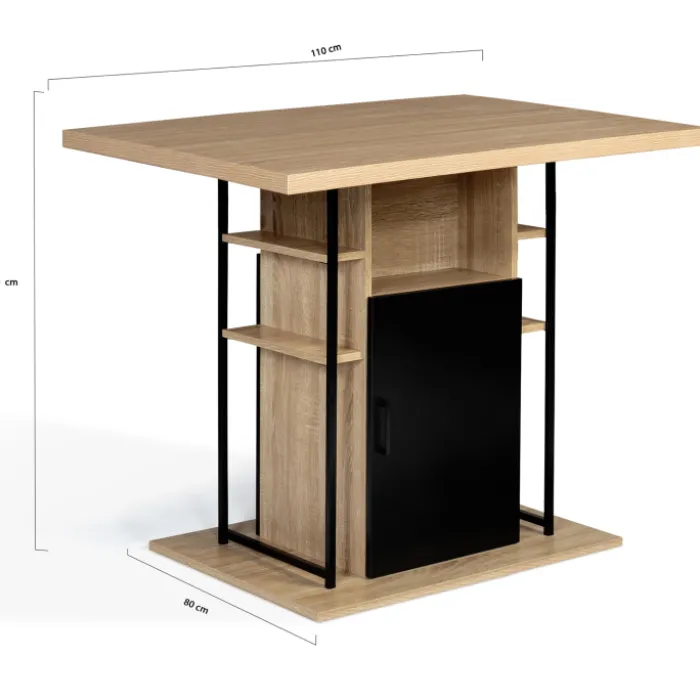 Ilot central avec tabourets bois noir et imitation hêtre 110 cm design industriel