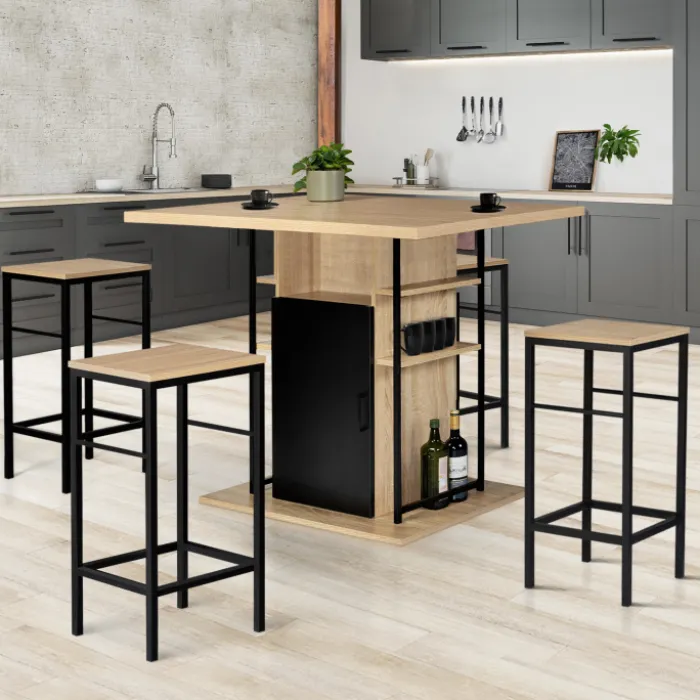 Ilot central avec tabourets bois noir et imitation hêtre 110 cm design industriel