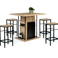 Ilot central avec tabourets bois noir et imitation hêtre 110 cm design industriel