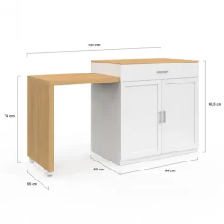 Ilot central bois blanc avec table à manger extensible