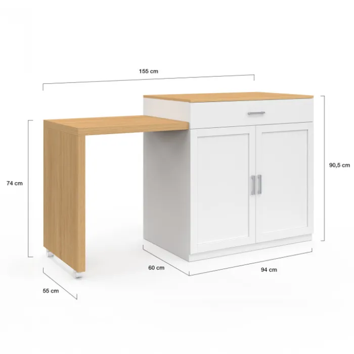 Ilot central bois blanc avec table à manger extensible