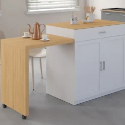 Ilot central bois blanc avec table à manger extensible