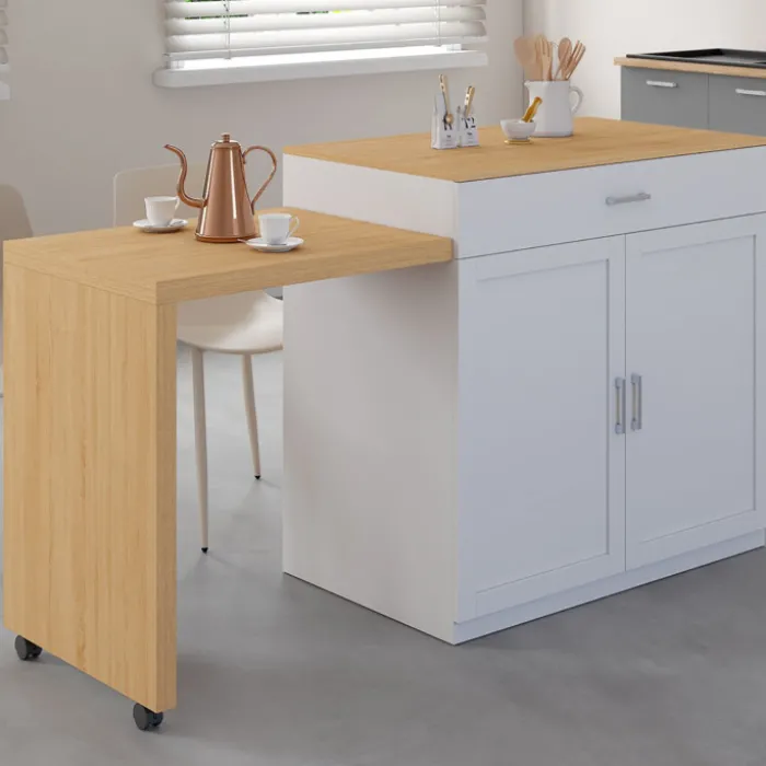 Ilot central bois blanc avec table à manger extensible