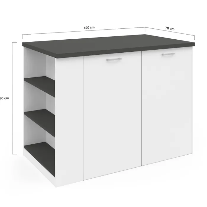Ilot central bois blanc plan de travail gris anthracite