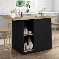 Ilot central bois noir avec plan de travail façon hêtre 140 cm 4 personnes avec rangement