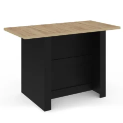 Ilot central bois noir avec plan de travail façon hêtre 140 cm 4 personnes avec rangement