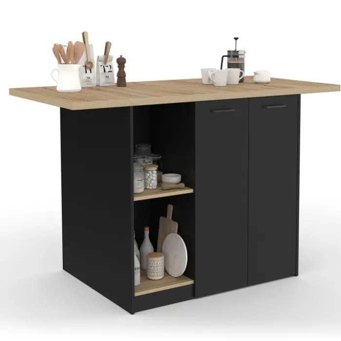 Ilot central bois noir avec plan de travail façon hêtre 140 cm 4 personnes avec rangement
