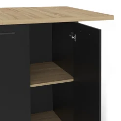 Ilot central bois noir avec plan de travail façon hêtre 140 cm 4 personnes avec rangement