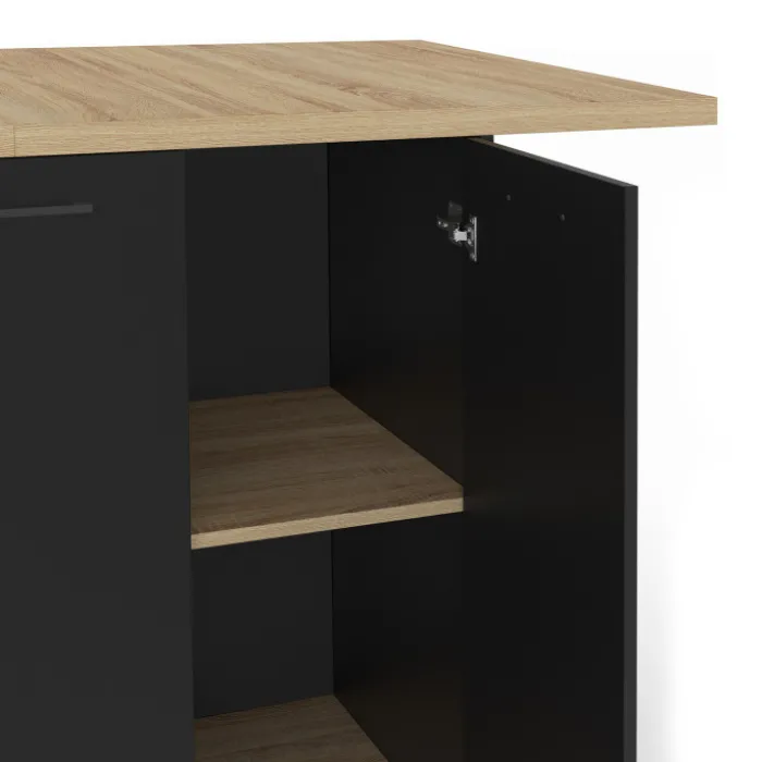 Ilot central bois noir avec plan de travail façon hêtre 140 cm 4 personnes avec rangement