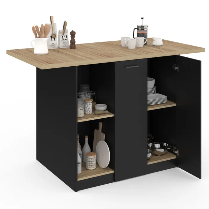 Ilot central bois noir avec plan de travail façon hêtre 140 cm 4 personnes avec rangement