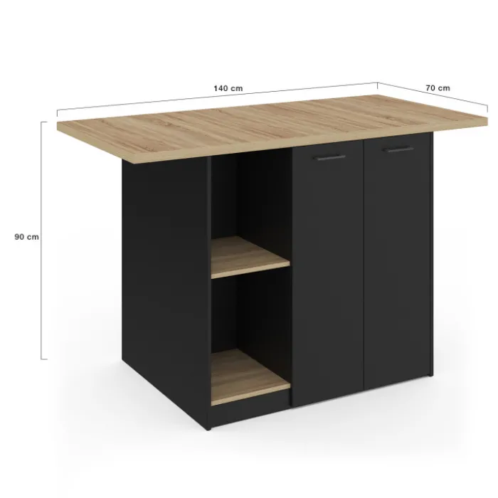 Ilot central bois noir avec plan de travail façon hêtre 140 cm 4 personnes avec rangement