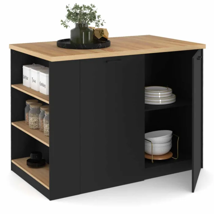 Ilot central bois noir avec plan de travail façon hêtre 120 cm