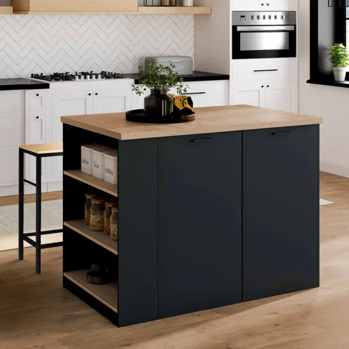 Ilot central bois noir avec plan de travail façon hêtre 120 cm