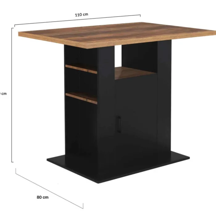 Ilot central bois noir et effet bois foncé 110 cm avec rangements