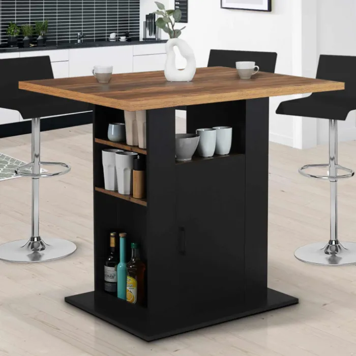 Ilot central bois noir et effet bois foncé 110 cm avec rangements