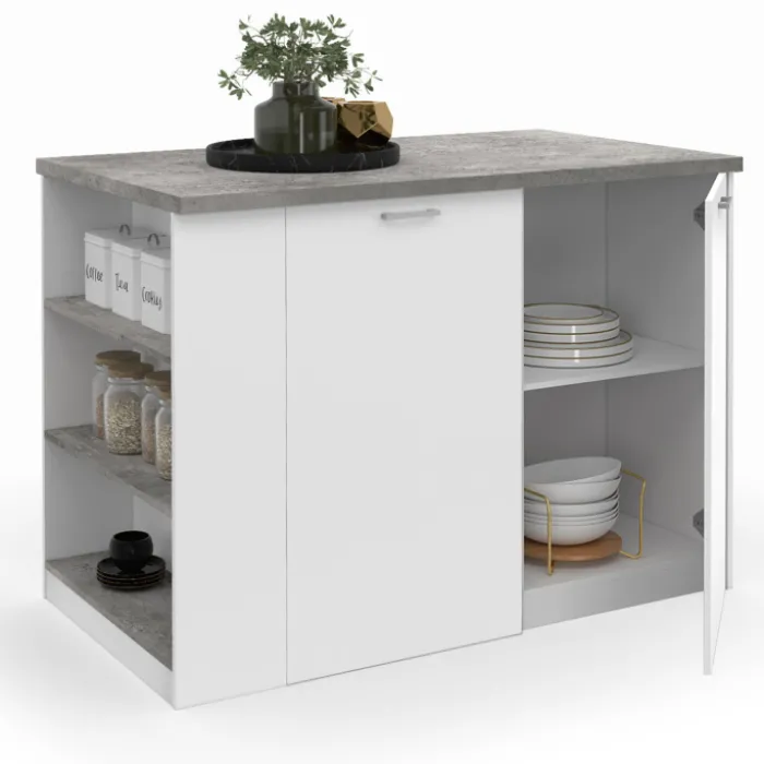 Ilot central de cuisine bois blanc et effet béton