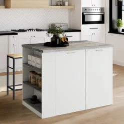 Ilot central de cuisine bois blanc et effet béton