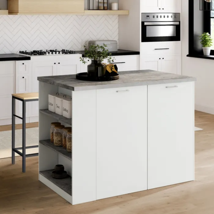 Ilot central de cuisine bois blanc et effet béton