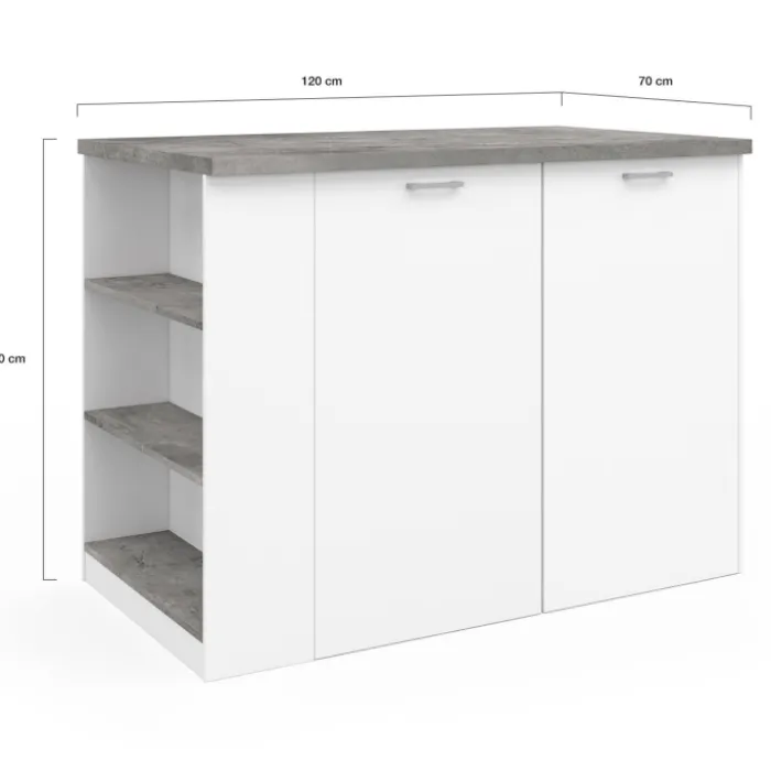 Ilot central de cuisine bois blanc et effet béton