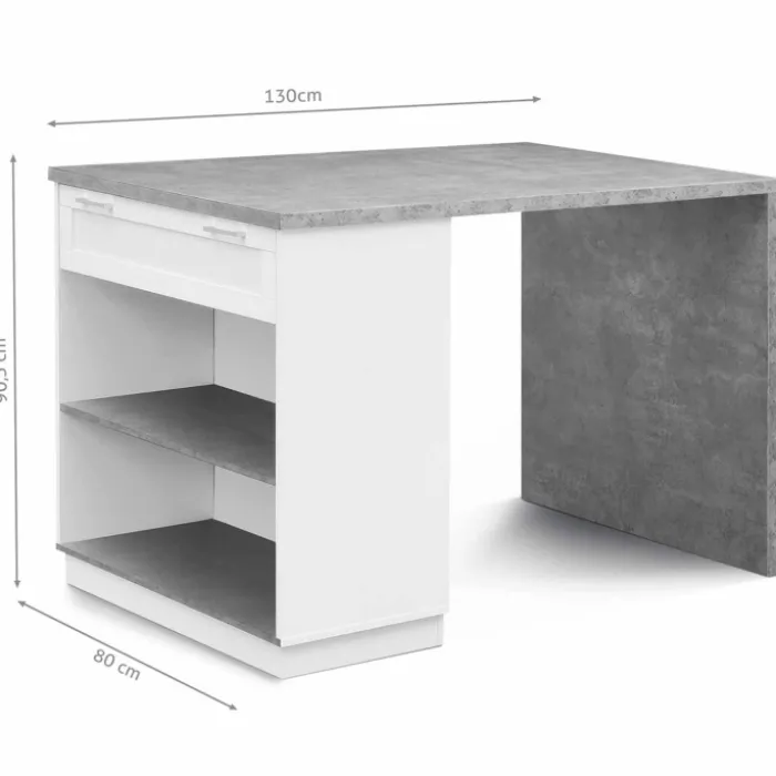 Ilot central effet béton et blanc 130 cm pour 4 personnes
