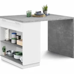 Ilot central effet béton et blanc 130 cm pour 4 personnes