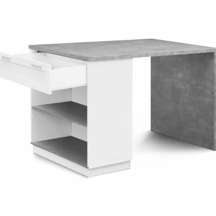 Ilot central effet béton et blanc 130 cm pour 4 personnes