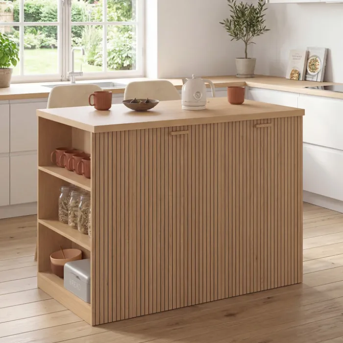 Ilot central JULIETTE 120 cm effet lattes tasseau de bois