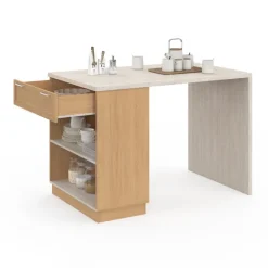 Ilot central mange-debout 4 personnes 130 cm bois et plateau effet travertin