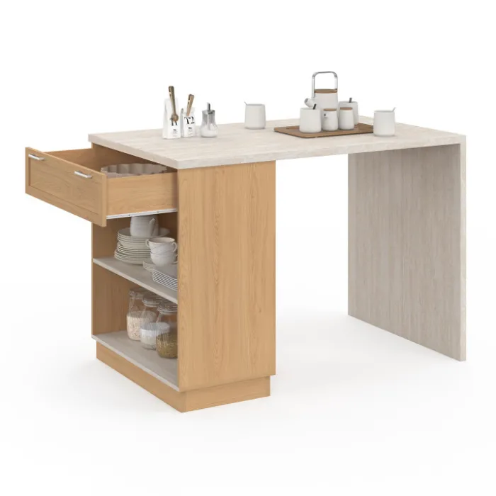 Ilot central mange-debout 4 personnes 130 cm bois et plateau effet travertin