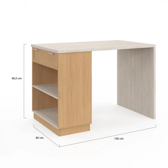 Ilot central mange-debout 4 personnes 130 cm bois et plateau effet travertin
