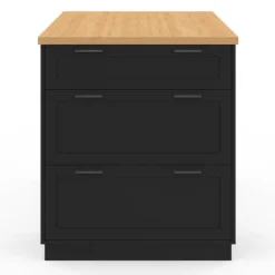 Ilot central mange-debout 4 personnes 130 cm casserolier 3 tiroirs noir et plateau bois
