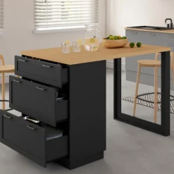 Ilot central mange-debout 4 personnes 130 cm casserolier 3 tiroirs noir et plateau bois