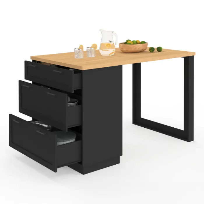 Ilot central mange-debout 4 personnes 130 cm casserolier 3 tiroirs noir et plateau bois
