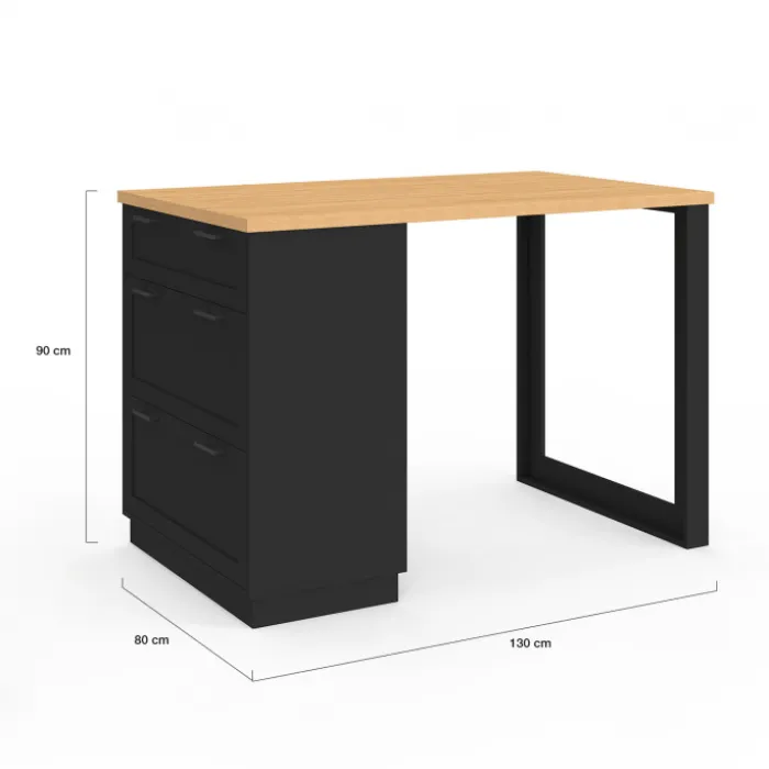Ilot central mange-debout 4 personnes 130 cm casserolier 3 tiroirs noir et plateau bois