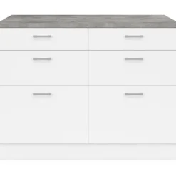 Ilot central mange-debout 120 cm casserolier 6 tiroirs blanc avec plan de travail effet béton