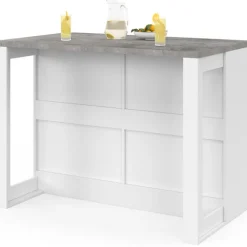 Ilot central mange-debout 120 cm casserolier 6 tiroirs blanc avec plan de travail effet béton