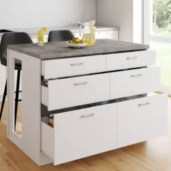 Ilot central mange-debout 120 cm casserolier 6 tiroirs blanc avec plan de travail effet béton